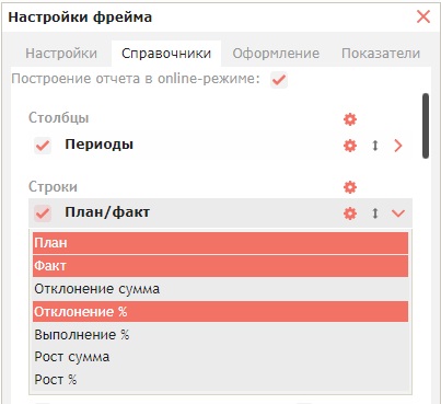 Работа с данными табличного отчета: сортировка, поиск, скрытие узлов «Нет данных», анализ прироста