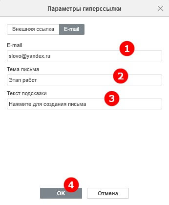 Добавление гиперссылок: внешние сайты, место в документе и e-mail