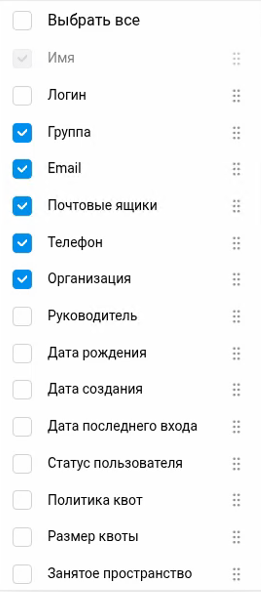 Список колонок для настройки отображения таблицы