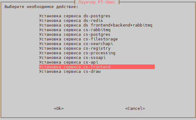 Выберите пункт "Установка сервиса cs-frontend"
