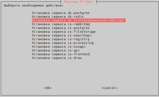Выберите "Установка сервиса DS frontend-backend+rabbitmq".