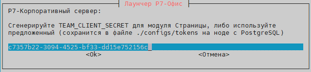 Создайте team client secret для модуля интеграций с Р7 Команда или используйте сгенерированный в окне, будет сохранен в файле ./configs/tokens на этой ноде
