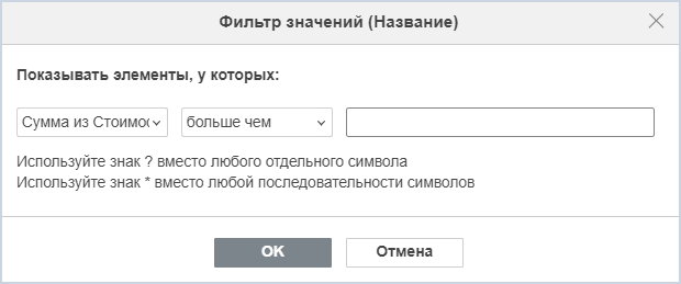 Окно «Фильтр подписей/значений»