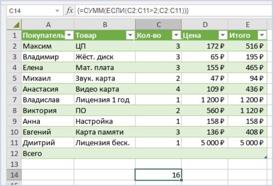 Пример суммирования значений больше двух