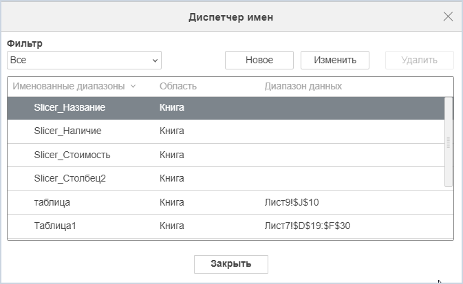 Окно «Диспетчер имен»