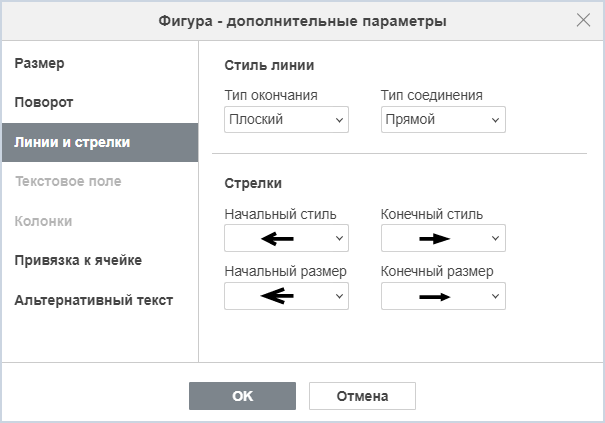 Раздел «Стрелки» на вкладке «Линии и стрелки»