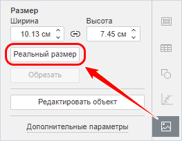 Кнопка «Реальный размер» на правой панели