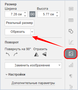 Кнопка «Обрезать» на вкладке «Параметры изображения»