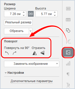 Раздел «Поворот» на вкладке «Параметры изображения»