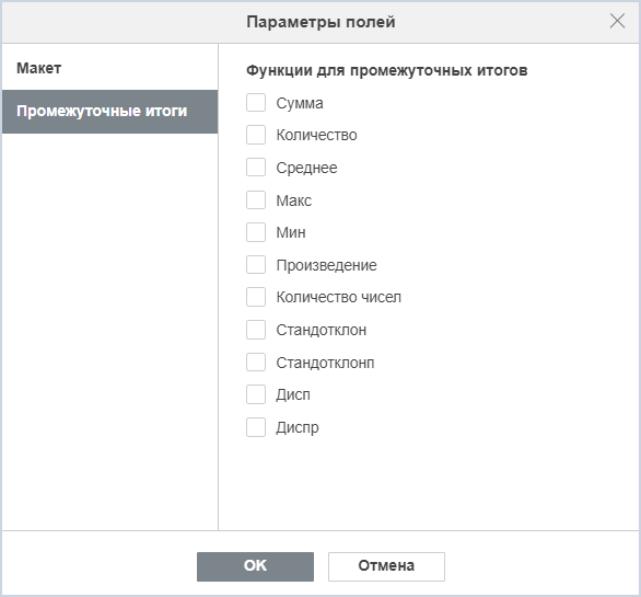 Окно «Параметры поля» (вкладка «Промежуточные итоги»)