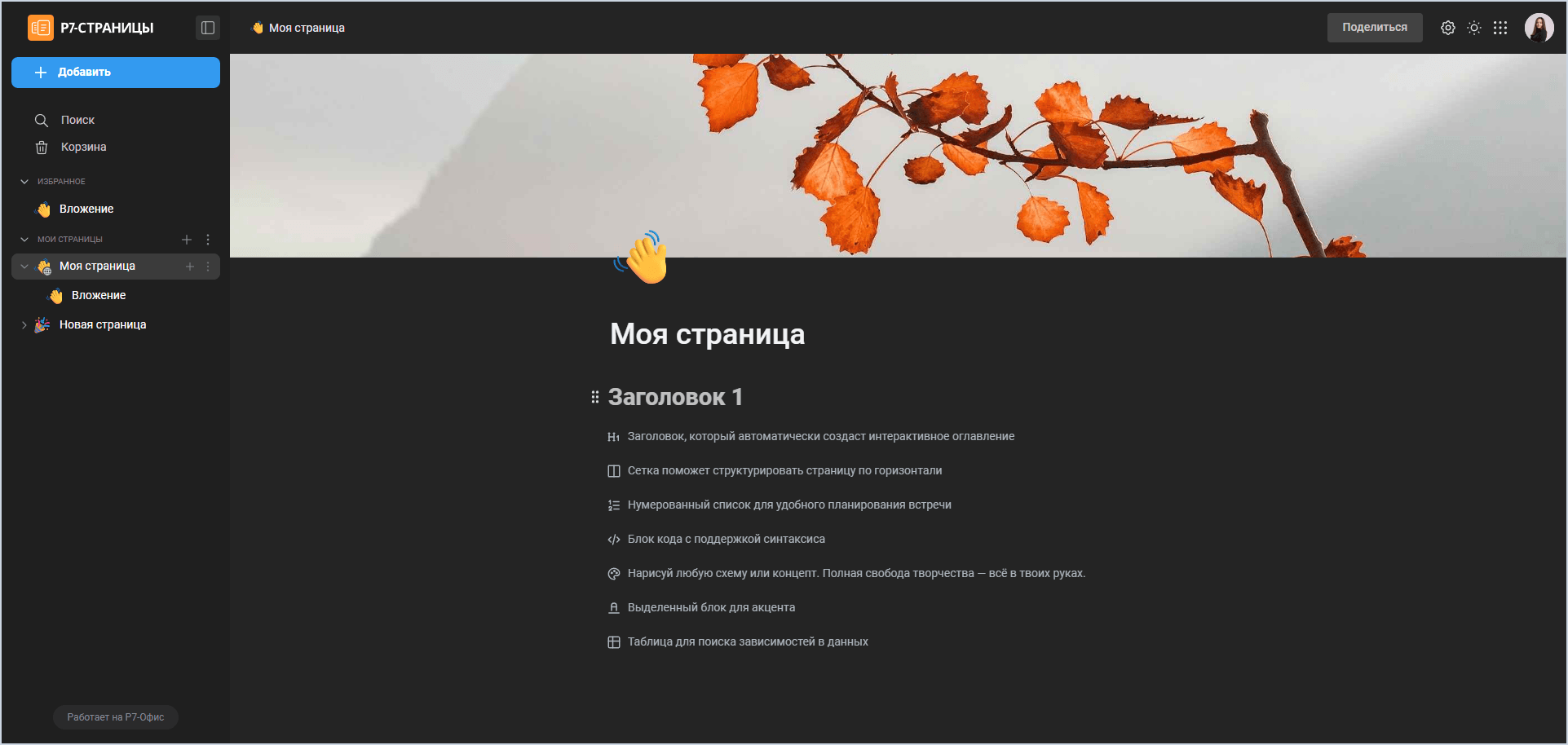Тёмная тема интерфейса модуля «Страницы»