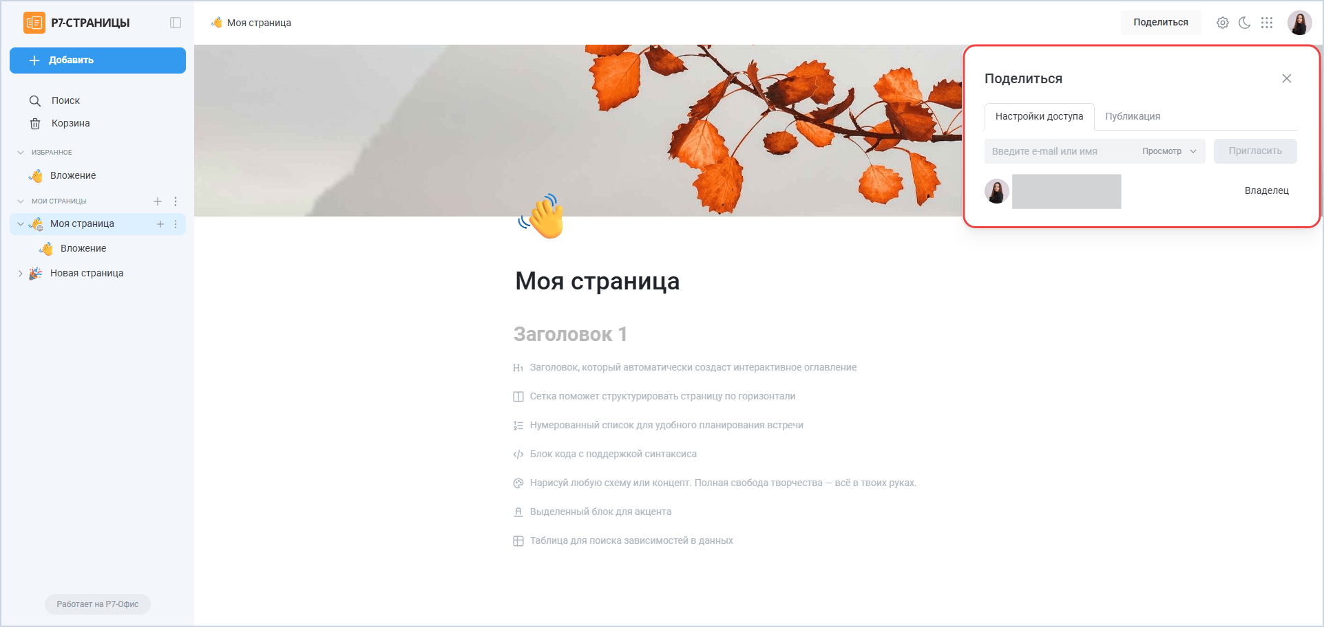 Окно функции «Поделиться»