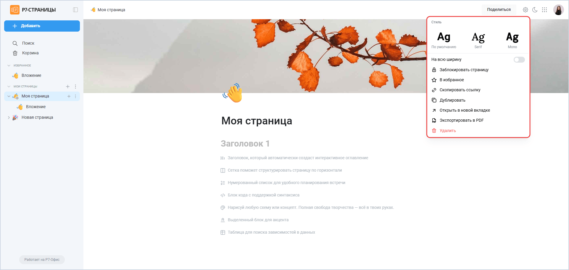 Окно настроек страницы