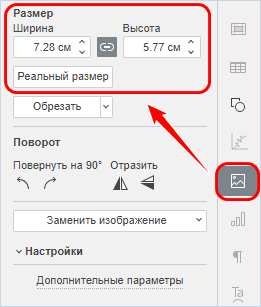 Раздел «Размер» на вкладке «Параметры изображения»