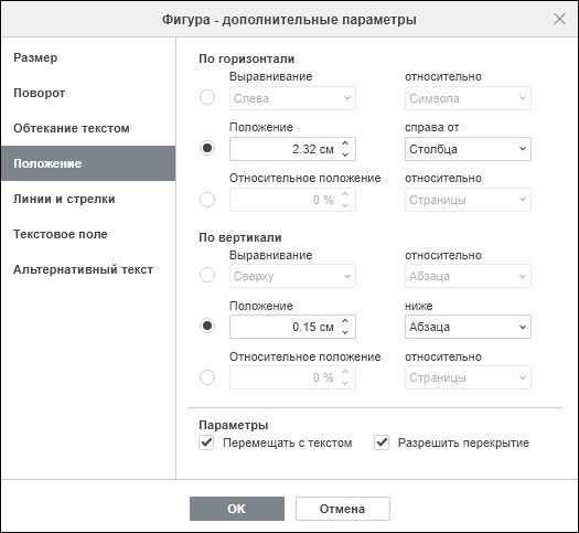 Вкладка «Положение» в окне «Фигура — дополнительные параметры»