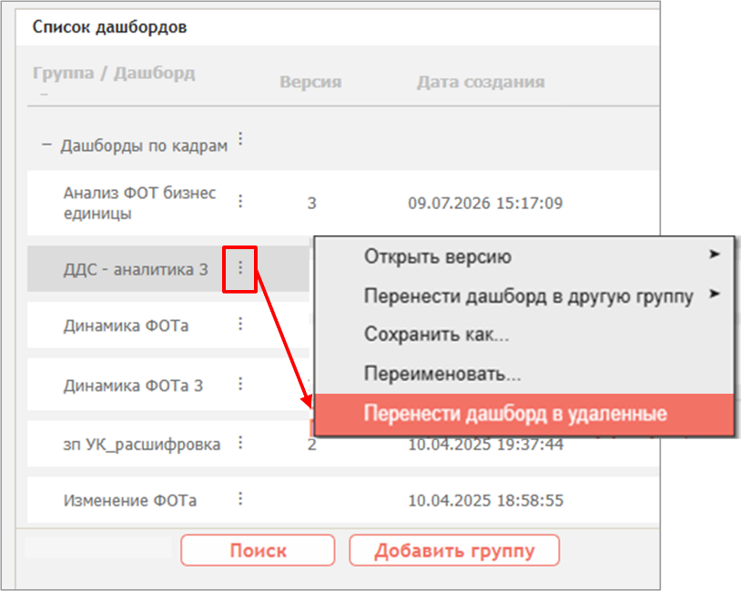 Команда переноса выбранного дашборда в группу «Удаленные»