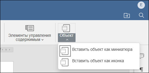 Меню кнопки «Объект» с выбором варианта «Вставить объект как миниатюра»