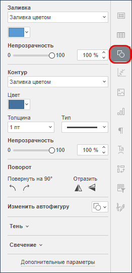 Вкладка «Параметры фигуры» на правой панели