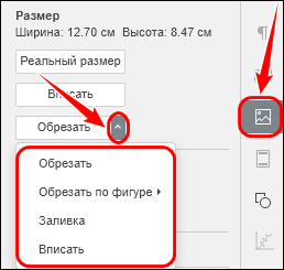 Выпадающий список кнопки «Обрезать» на боковой панели параметров