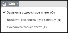 Параметры специальной вставки таблицы