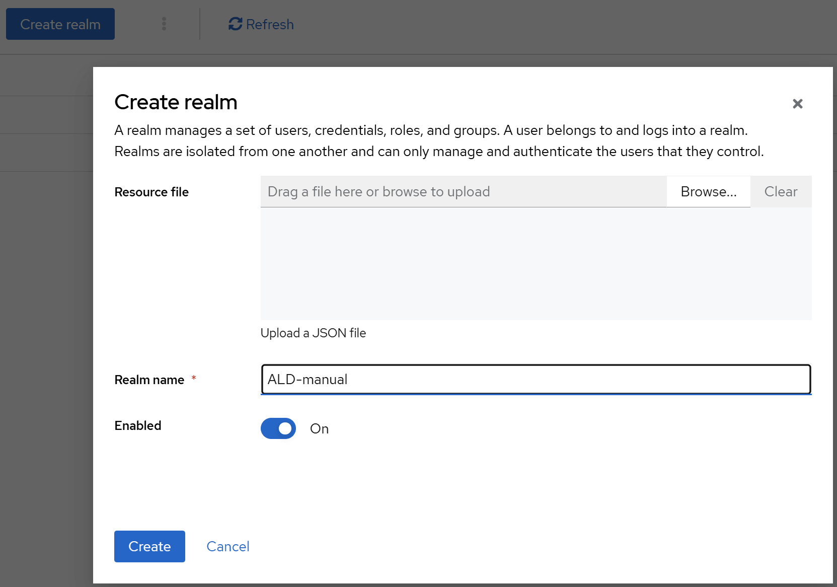 Окно «Create realm» в Keycloak