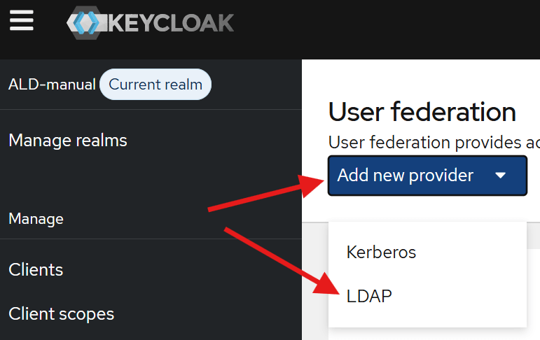 Выбор провайдера «LDAP» в разделе «User federation»