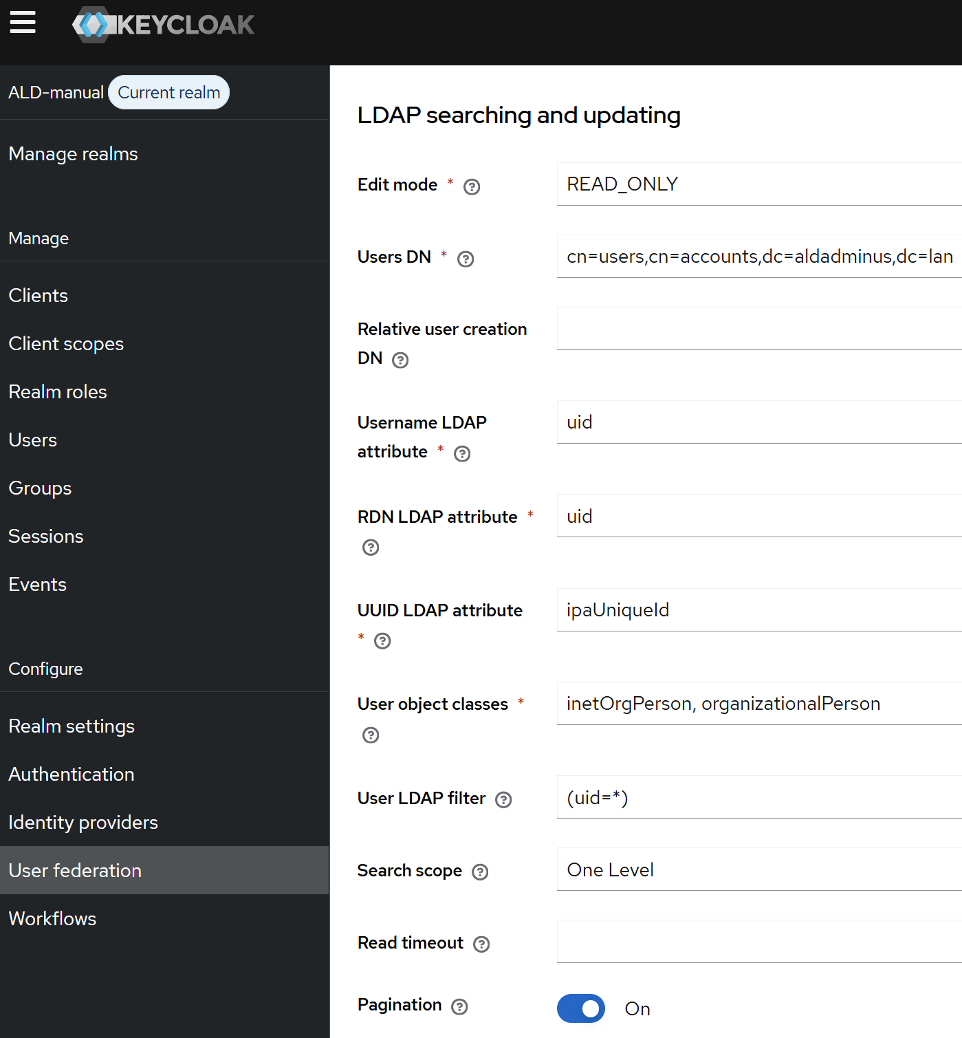 Параметры раздела «LDAP searching and updating»