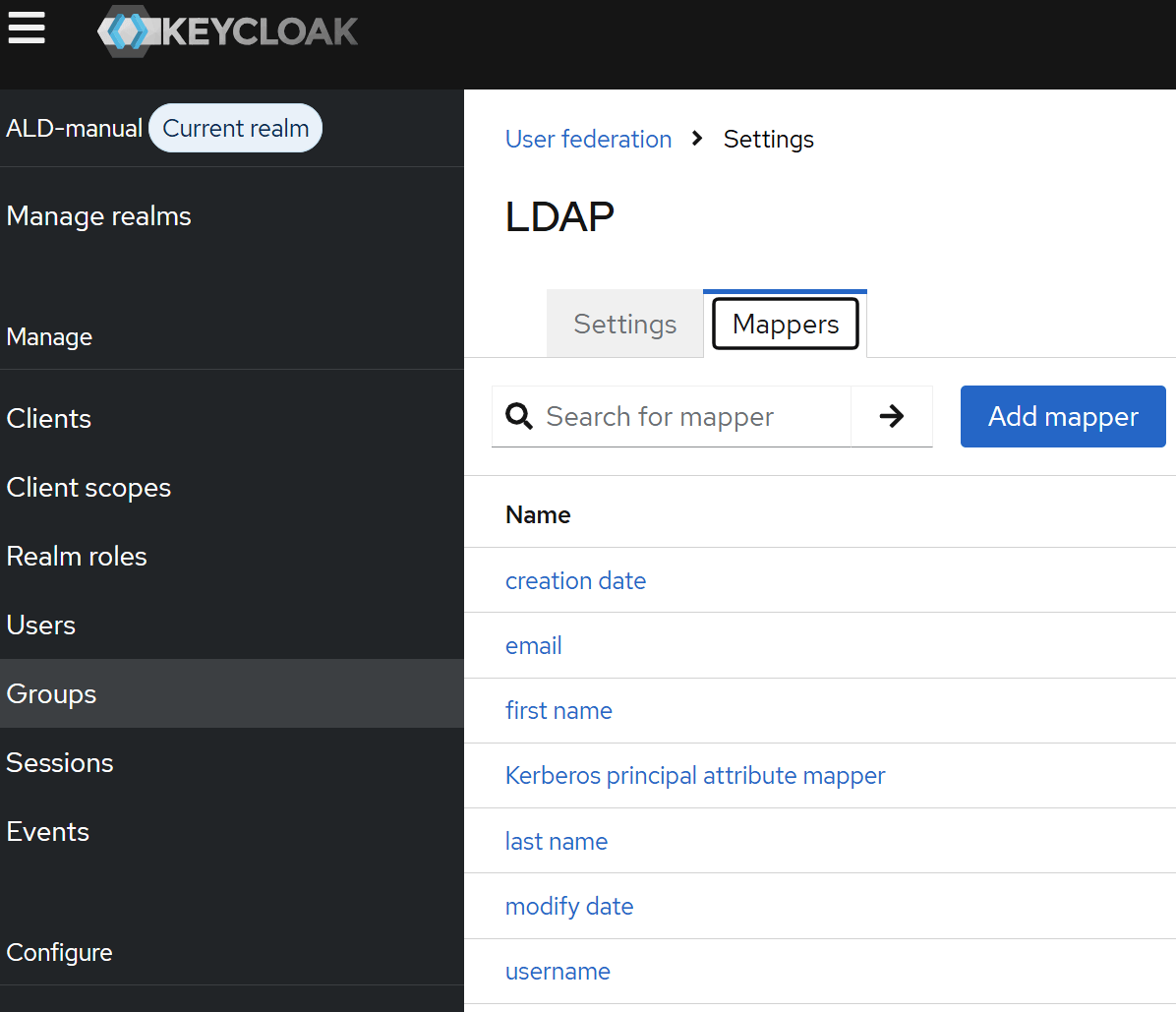 Вкладка «Mappers» в настройках LDAP-провайдера