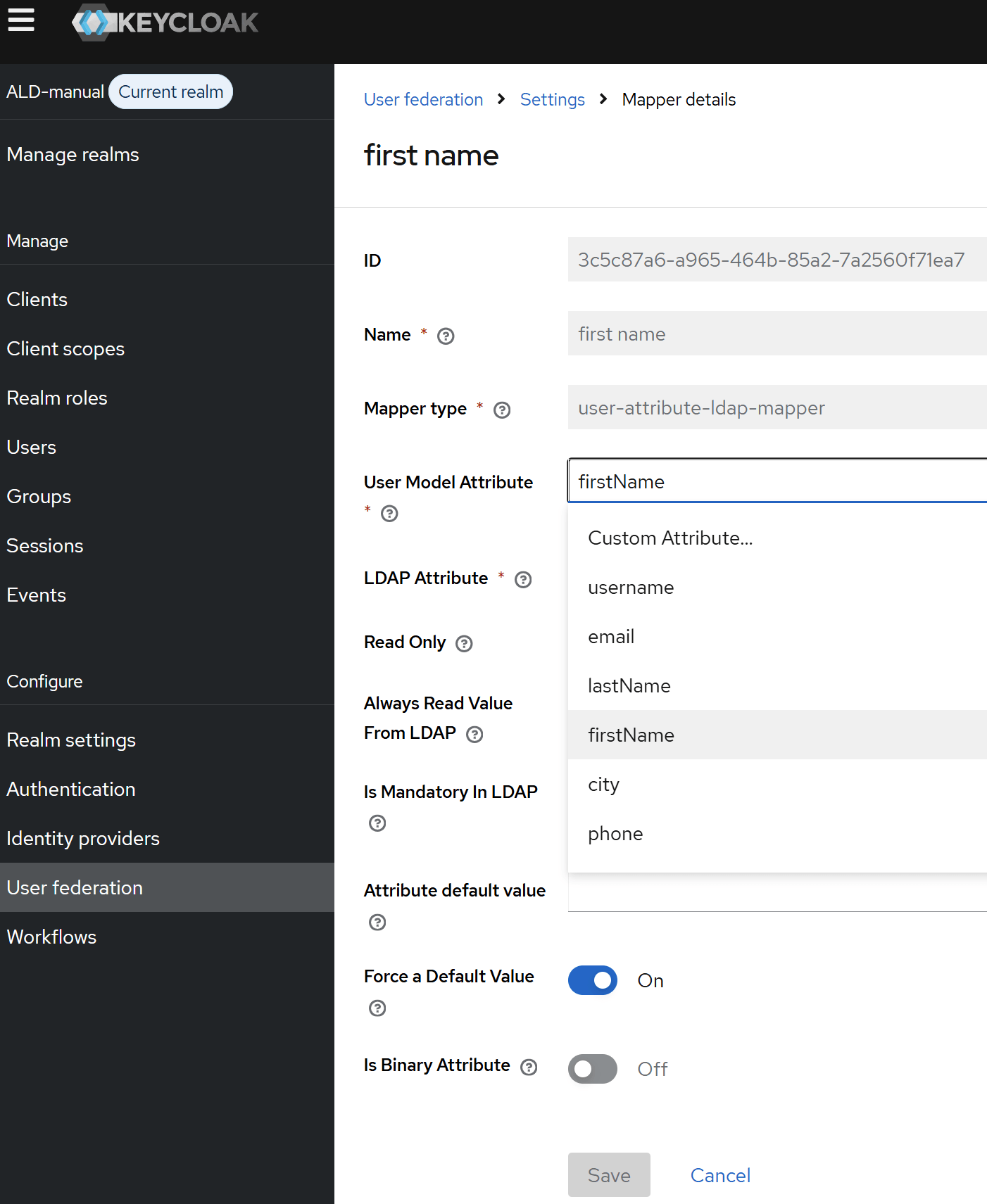 Параметры маппера для атрибута first name