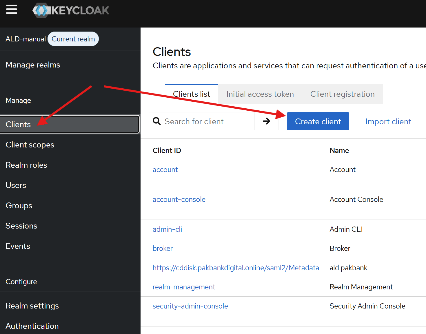 Кнопка «Create client» в разделе «Clients»