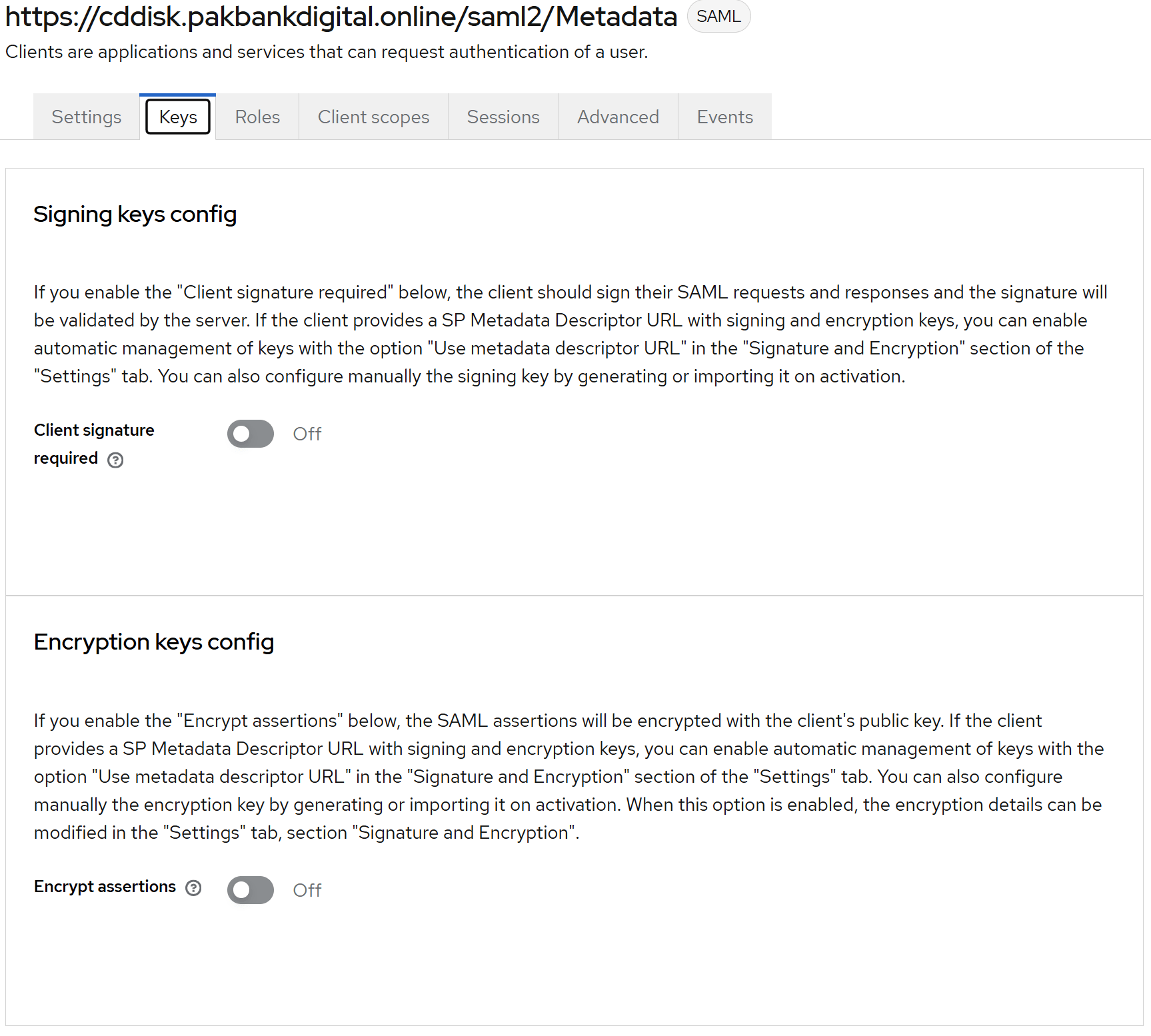 Параметры «Signing keys config» и «Encryption keys config» во вкладке «Keys»