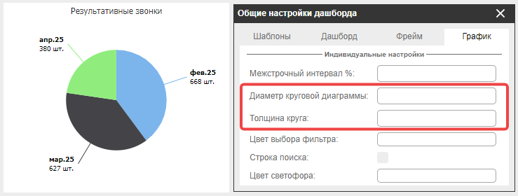 Индивидуальные настройки диаметра и толщины круговой и кольцевой диаграмм