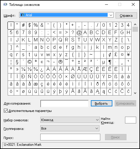 Окно «Таблица символов»