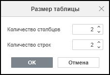 Окно «Вставка таблицы» (пользовательская таблица)