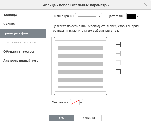 Вкладка «Границы и фон» в окне «Таблица — дополнительные параметры»