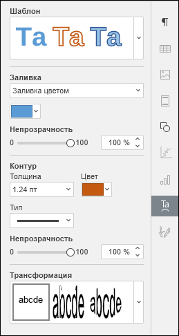 Боковая панель «Параметры объекта Text Art»