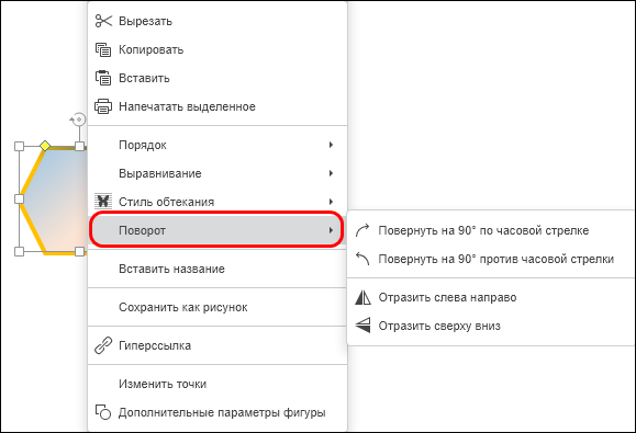 Подменю команды «Поворот» в контекстном меню фигуры