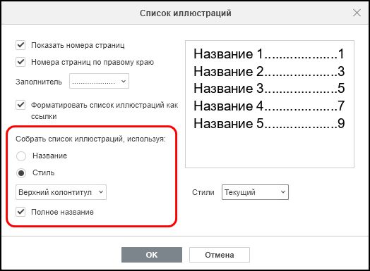 Окно «Список иллюстраций» в режиме создания по стилю